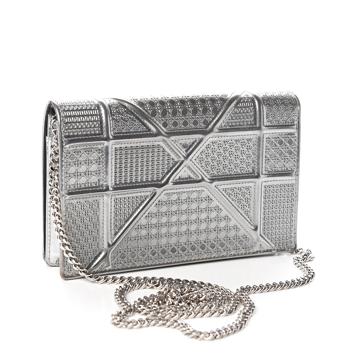 Metallic Patent Micro-Cannage Diorama Wallet on Chain Pouch Silver