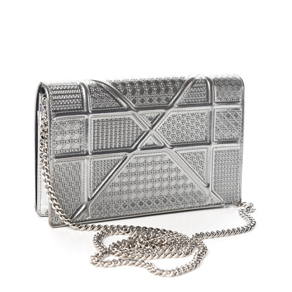 Christian Dior Metallic Patent Micro-Cannage Diorama Wallet on Chain Pouch Silver 2 of 10