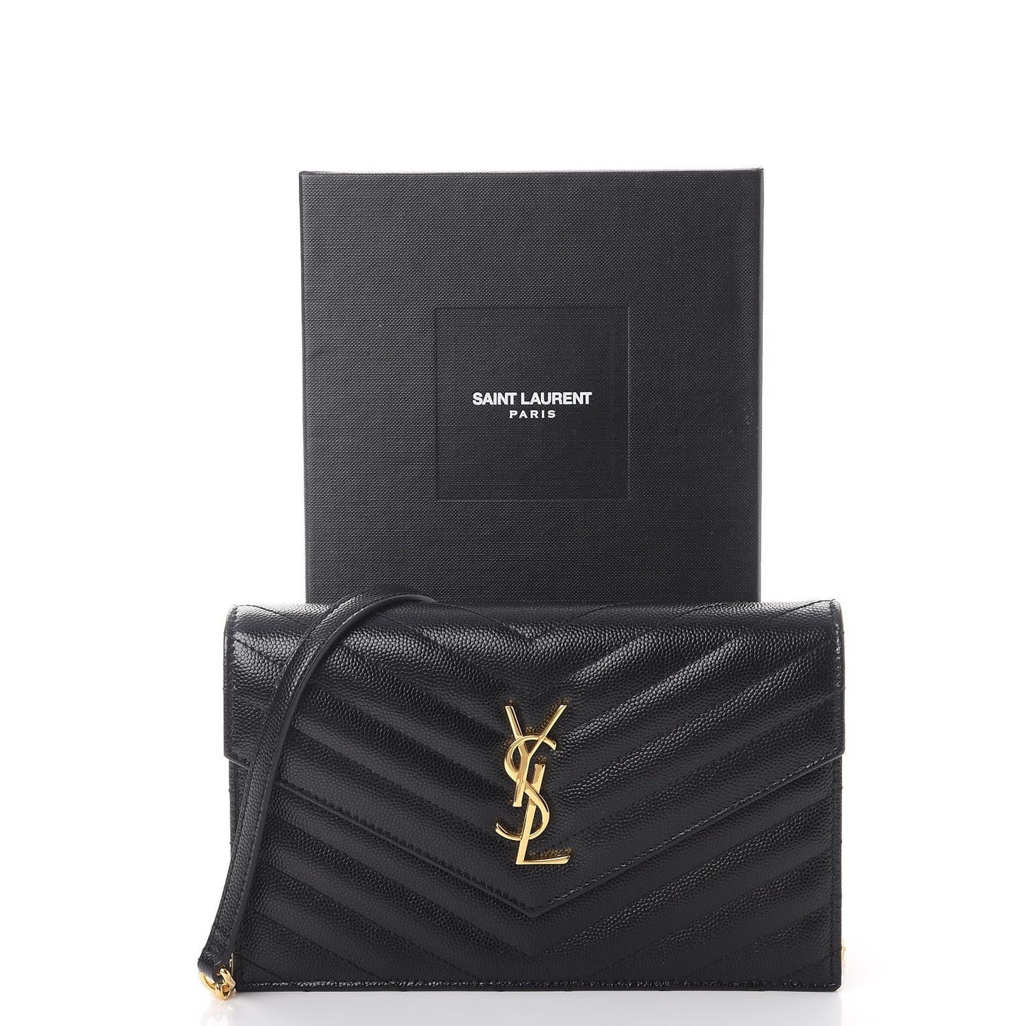 Grain De Poudre Matelasse Chevron Monogram Envelope Chain Wallet Black