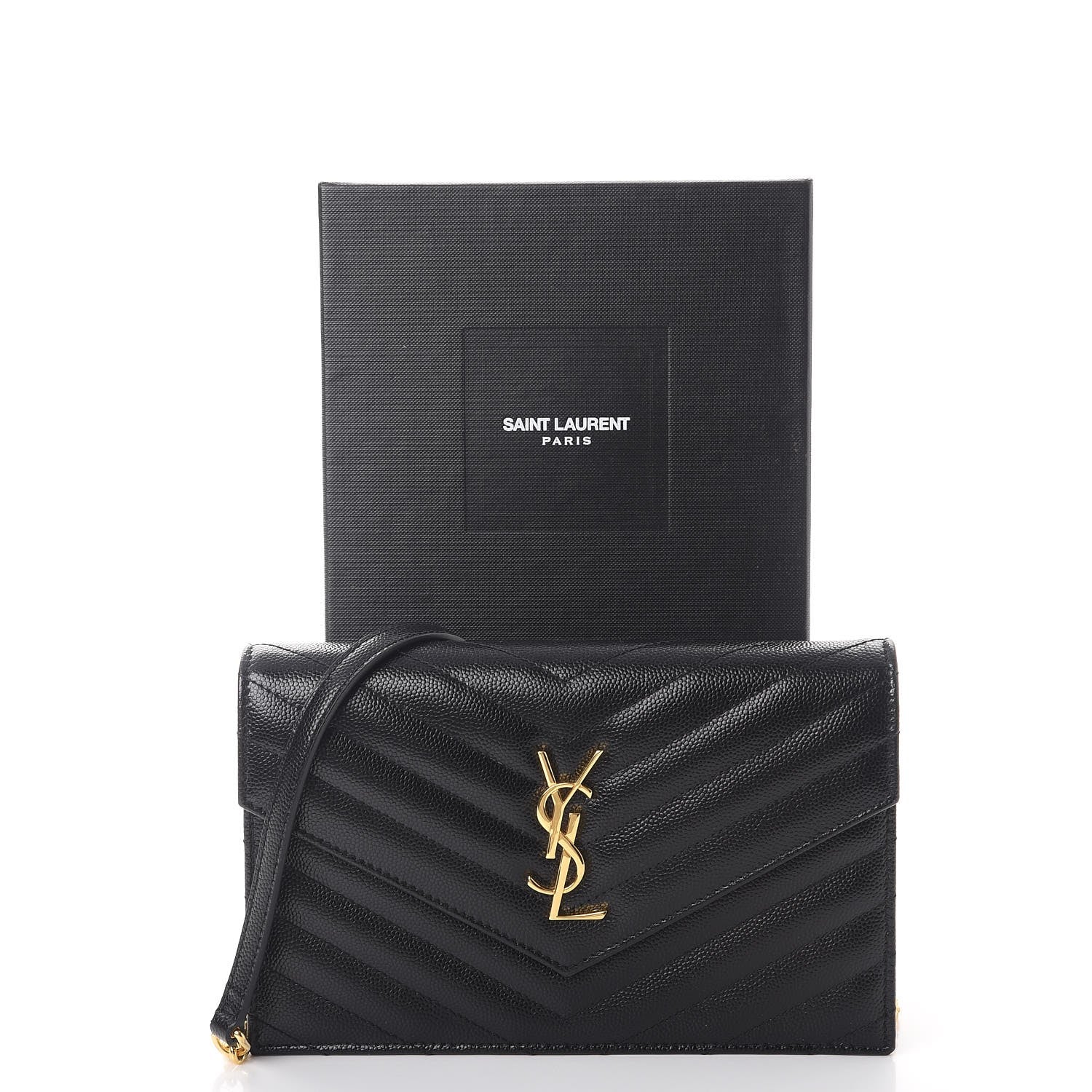 Saint Laurent Grain De Poudre Matelasse Chevron Monogram Envelope Chain Wallet Black 9 of 9