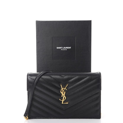 Saint Laurent Grain De Poudre Matelasse Chevron Monogram Envelope Chain Wallet Black 9 of 9