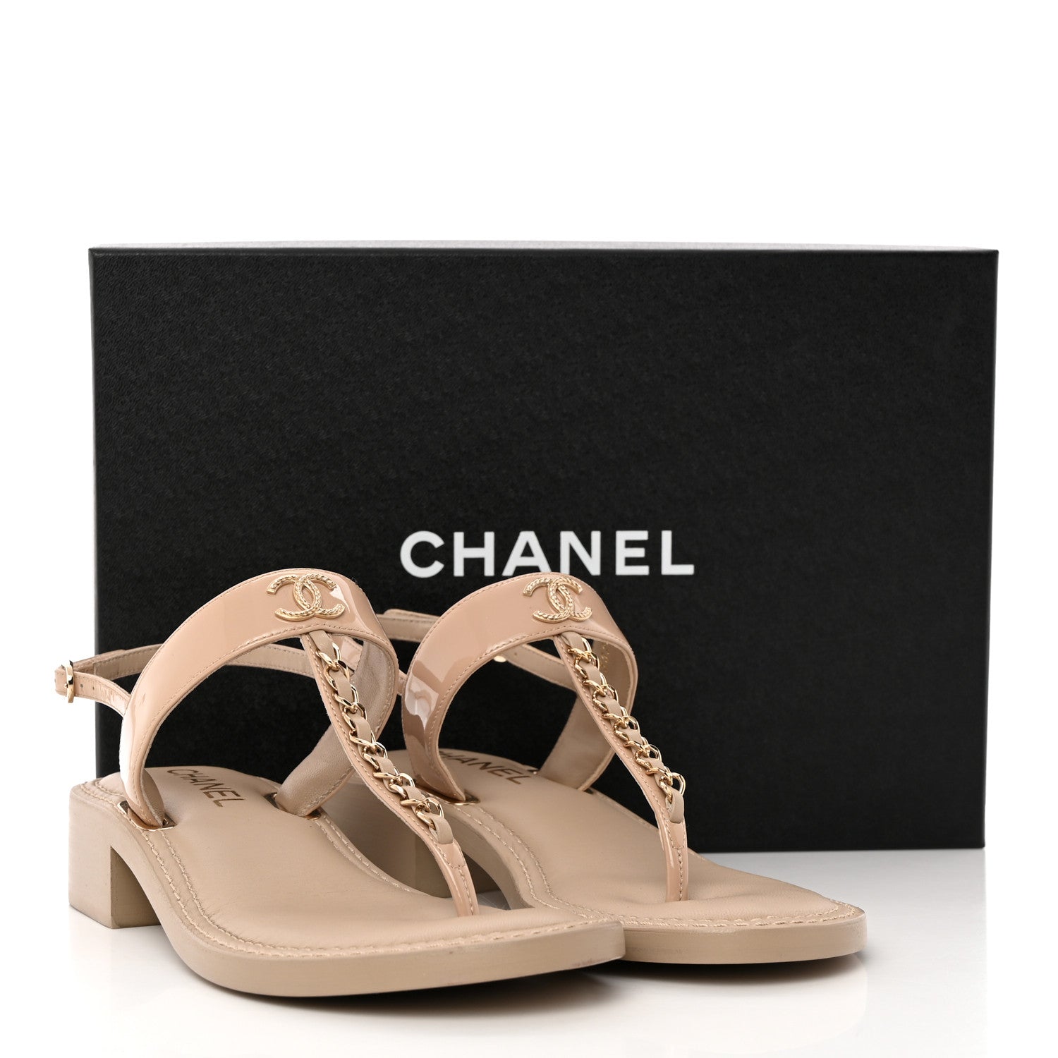 Chanel Lambskin Patent Chain CC Logo Thong Sandals 36.5 Beige 14 of 14