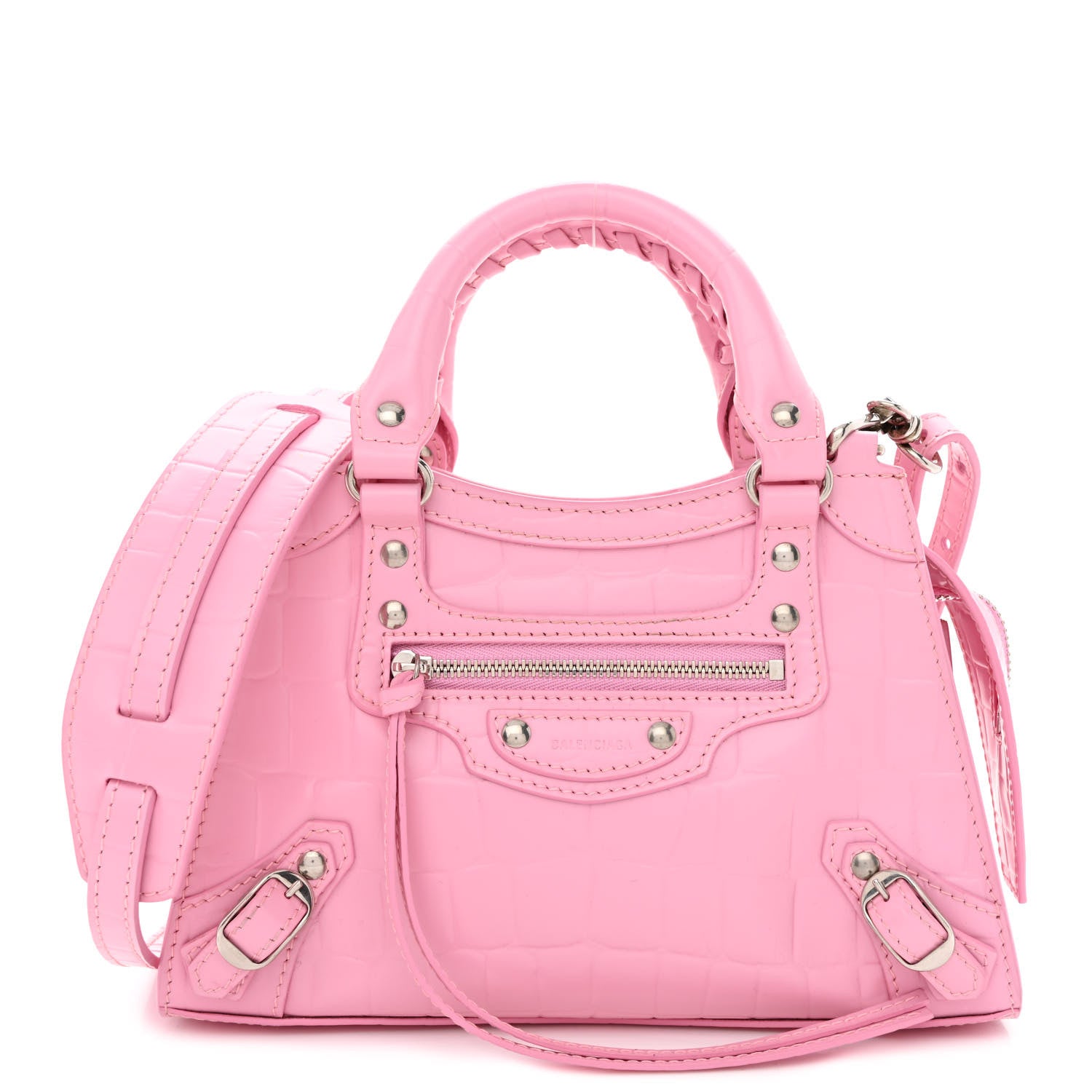 Balenciaga Semi Shiny Calfskin Crocodile Embossed Neo Classic Silver Hardware Mini City Pink 1 of 10