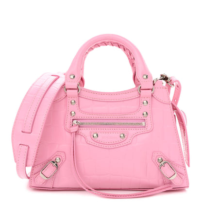 Balenciaga Semi Shiny Calfskin Crocodile Embossed Neo Classic Silver Hardware Mini City Pink 1 of 10