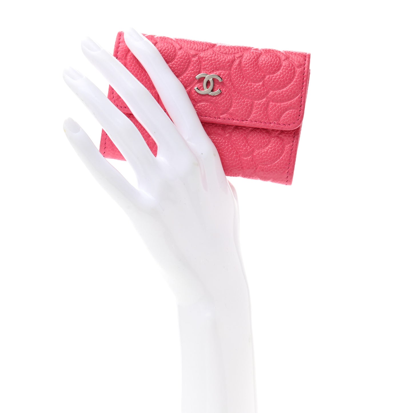 Caviar Camellia Embossed Card Holder Wallet Pink