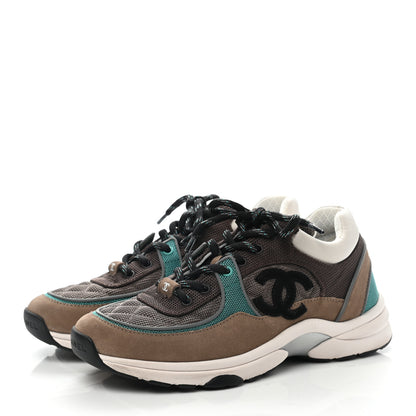 Chanel Nylon Calfskin Suede Womens CC Sneakers 39 Brown Green 3 of 8