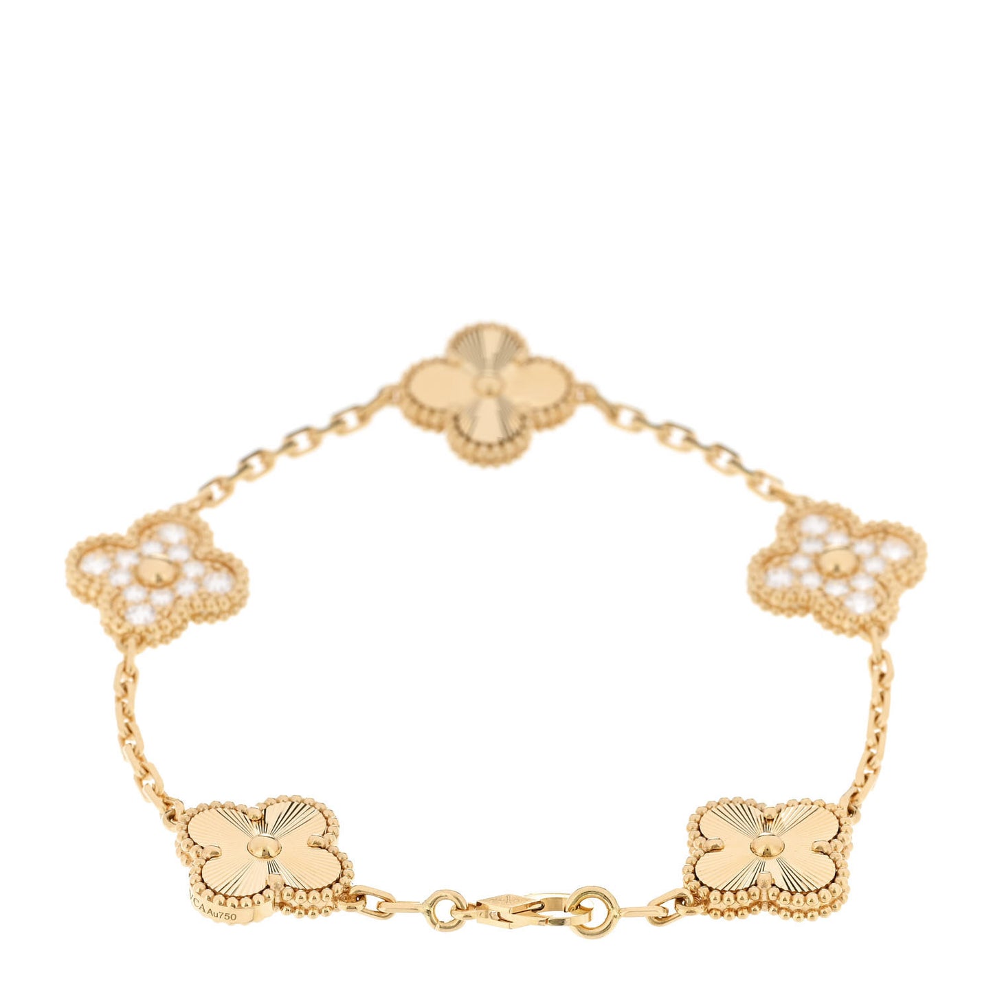 18K Yellow Gold Diamond 5 Motifs Guilloche Vintage Alhambra Bracelet