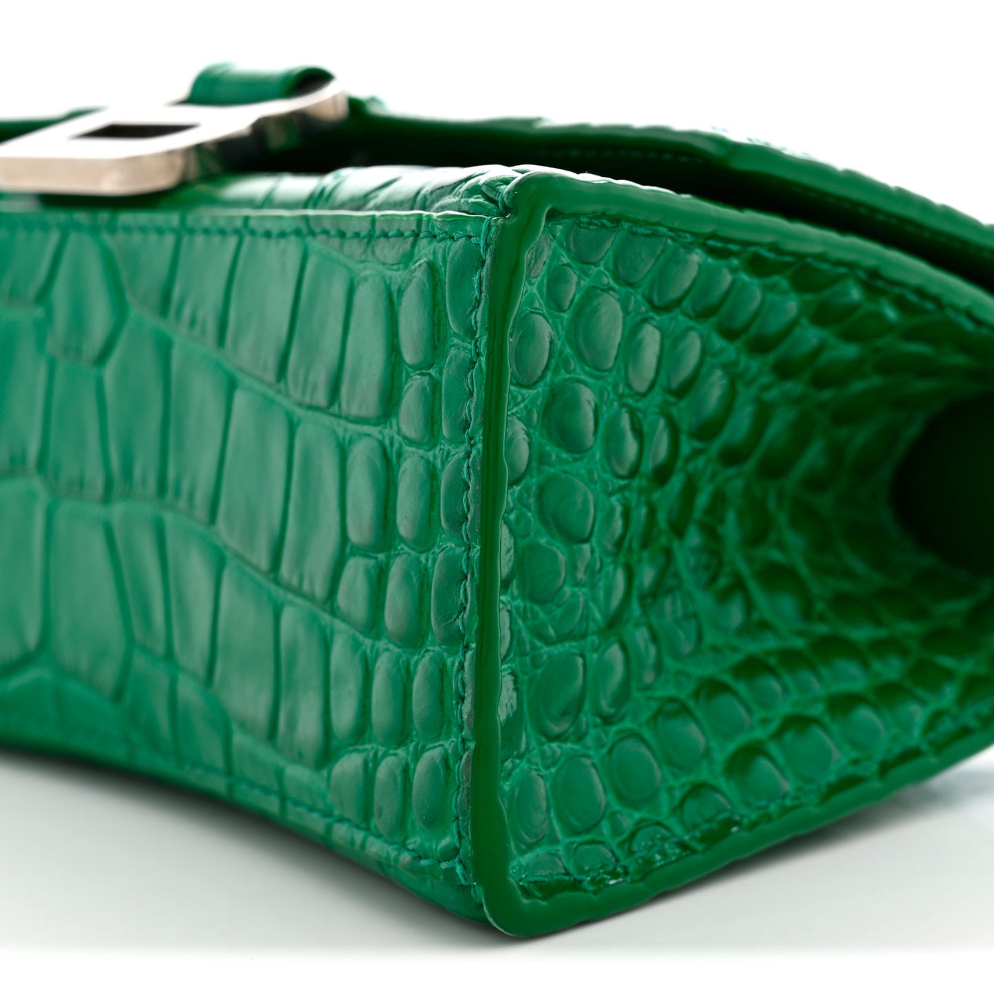 Shiny Calfskin Crocodile Embossed Hourglass Top Handle Bag XS Jade