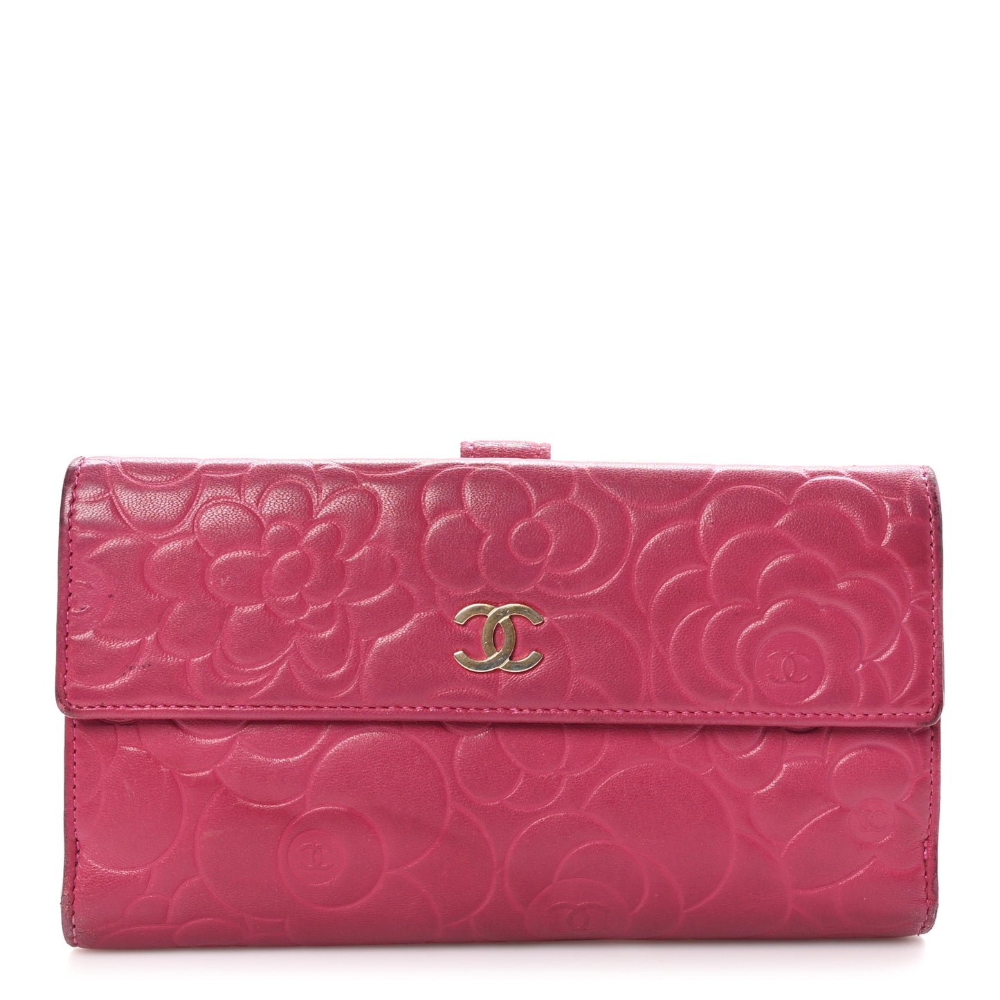 Lambskin Embossed Camellia Large Gusset Flap Wallet Pink