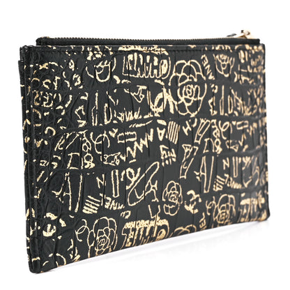 Chanel Calfskin Crocodile Embossed Graffiti 2.55 Cocodile Reissue Zip Pouch Black Gold 3 of 12