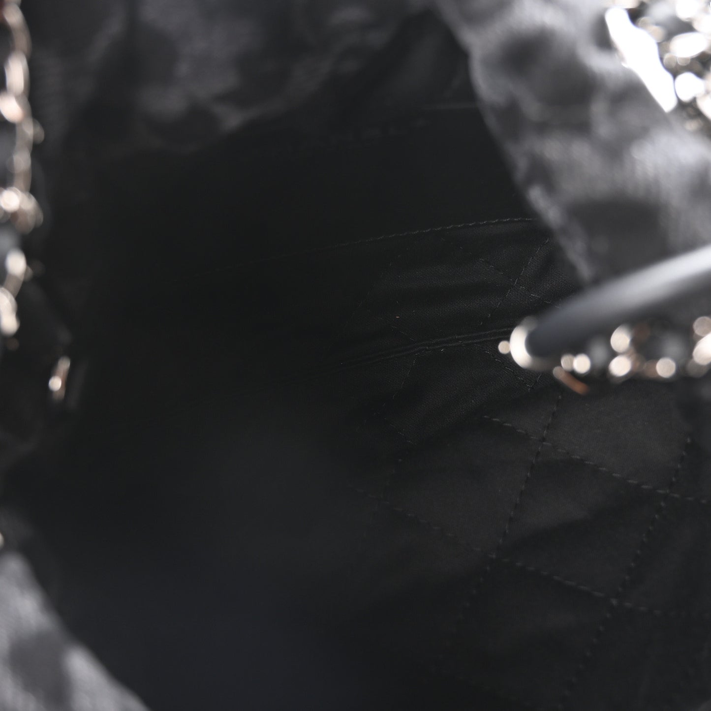 Denim Quilted Floral Print Mini Chanel 22 Black Grey