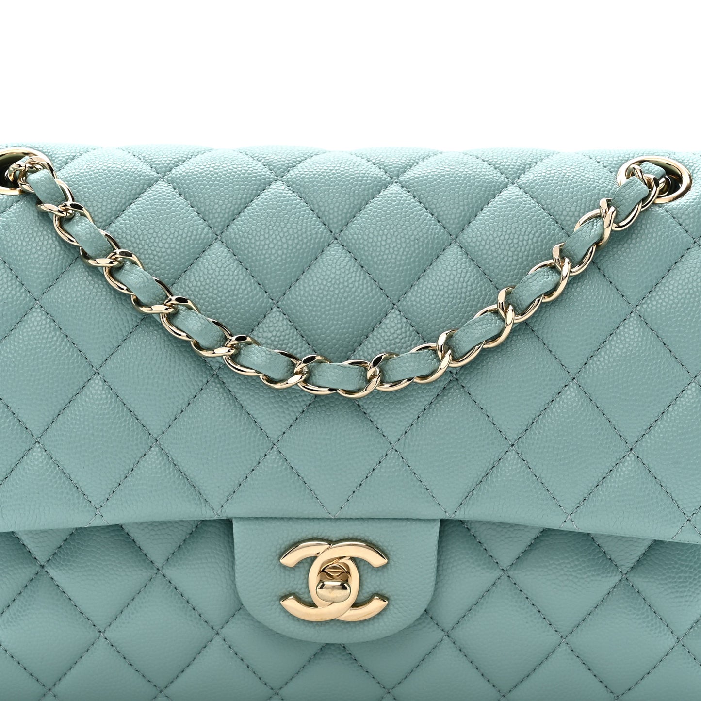 Caviar Quilted Medium Double Flap Light Blue