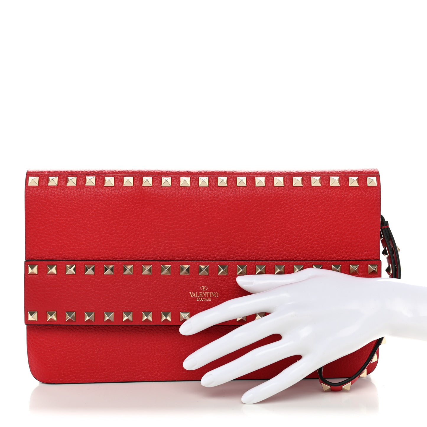 Pebble Calfskin Rockstud Side Slip Wristlet Clutch Rosso