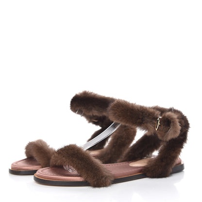 Valentino Garavani Mink Fur Ankle Wrap Flat Sandals 36.5 Visone 3 of 7