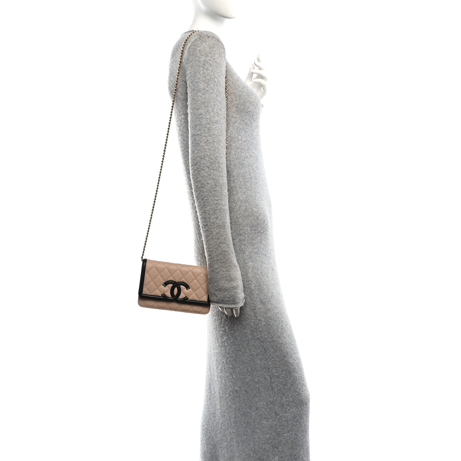 Chanel Caviar Quilted CC Filigree Wallet On Chain WOC Beige Black 2 of 11