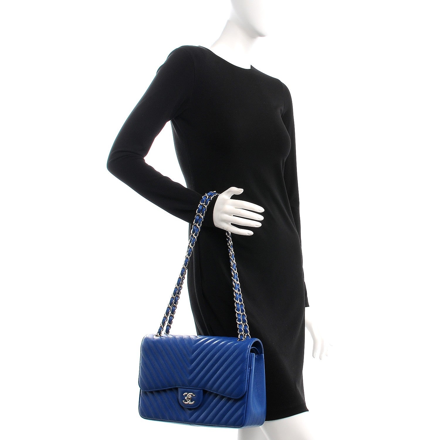 Chanel Caviar Chevron Quilted Jumbo Double Flap Blue 3 of 9