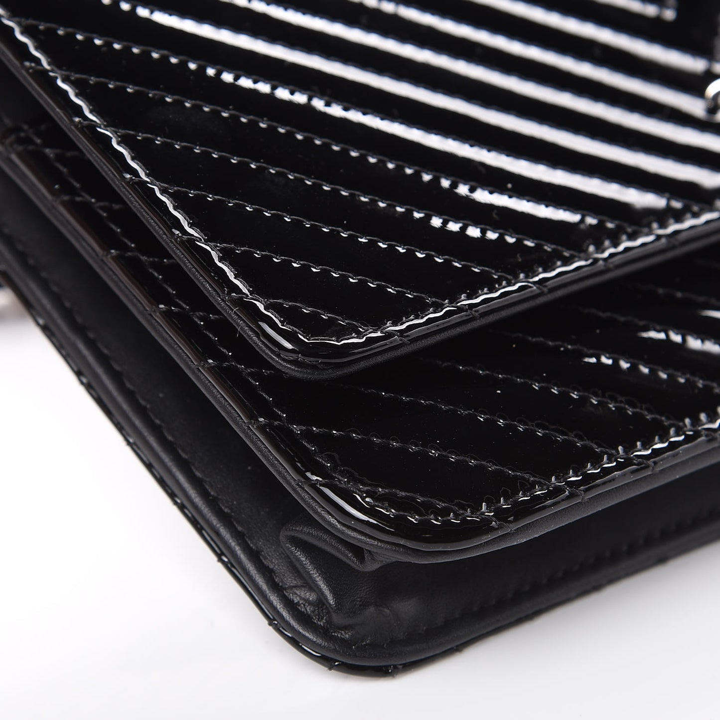 Patent Calfskin Chevron Quilted Wallet On Chain WOC Black