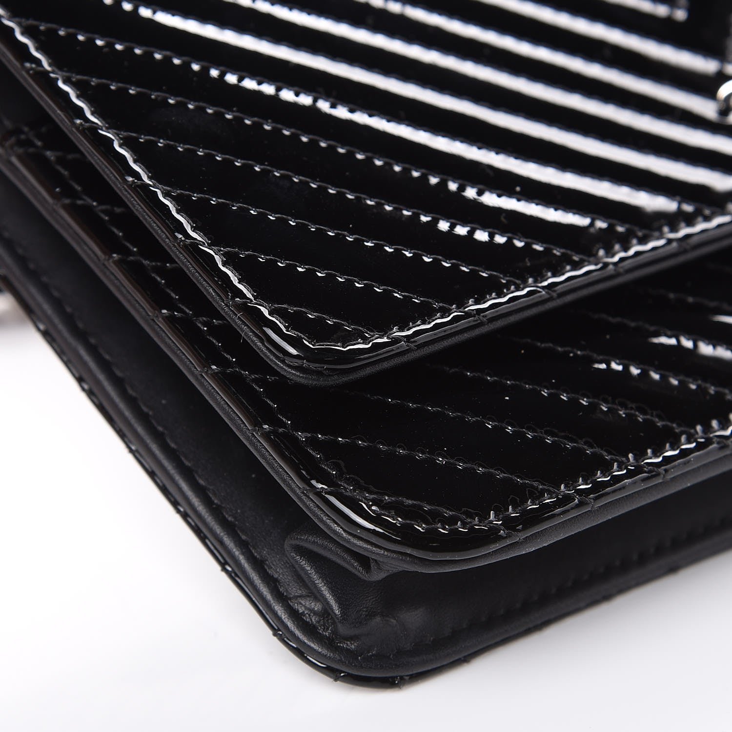 Chanel Patent Calfskin Chevron Quilted Wallet On Chain WOC Black 9 of 12