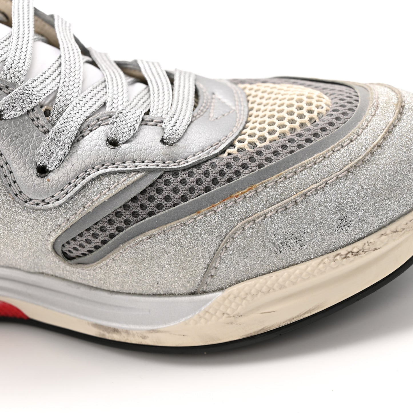 Metallic Calfskin Glitter Mesh Womens Ultrapace Sneakers 37.5 Silver Light Grey Mystic White
