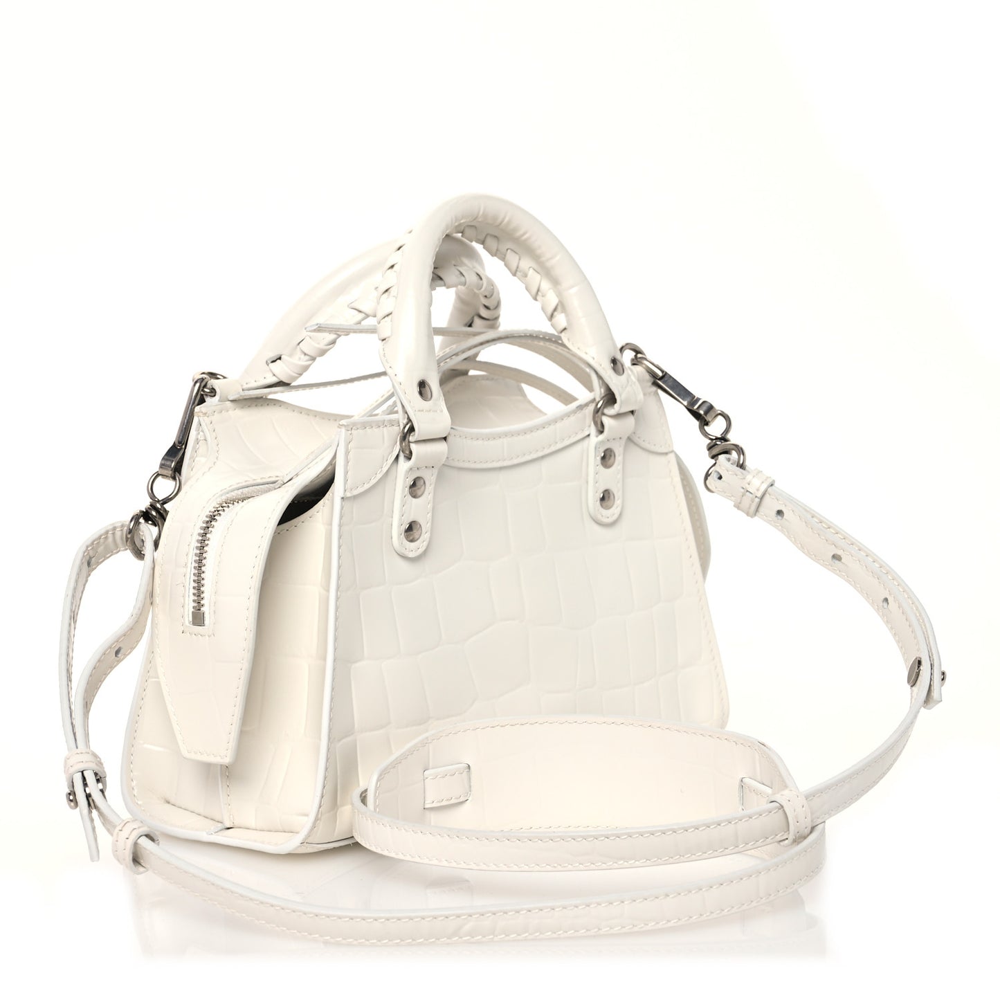 Semi Shiny Calfskin Crocodile Embossed Neo Classic Silver Hardware Mini City White