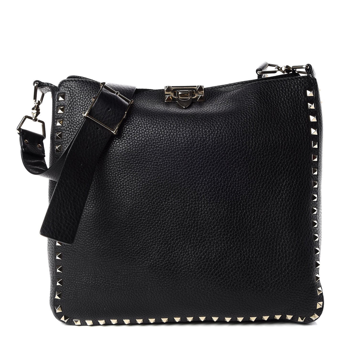 Pebbled Calfskin Large Rockstud Flip-Lock Messenger Bag Black