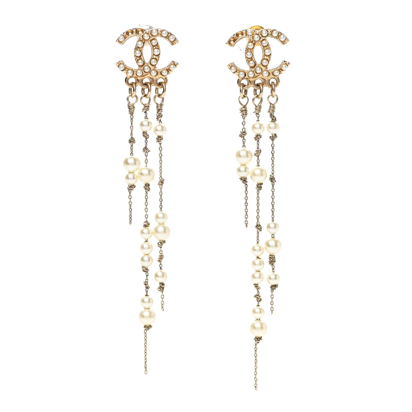 Pearl CC Long Chain Drop Earrings Gold