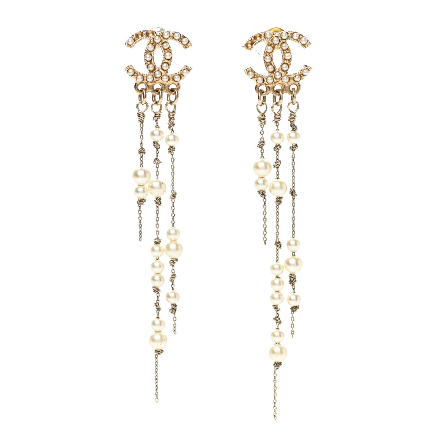 Chanel Pearl CC Long Chain Drop Earrings Gold 1 of 5