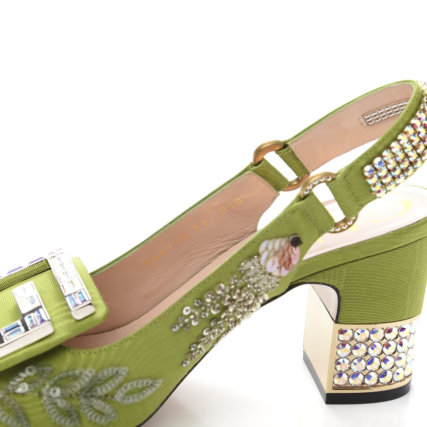 Gucci Moire Fabric Eyes Crystal Square G Madelyn Slingbacks 37 Lemon Leaf 9 of 10