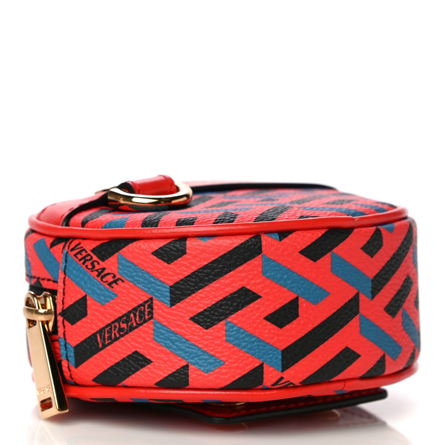 Coated Canvas Calfskin La Greca Round Zip Pouch Blue Red