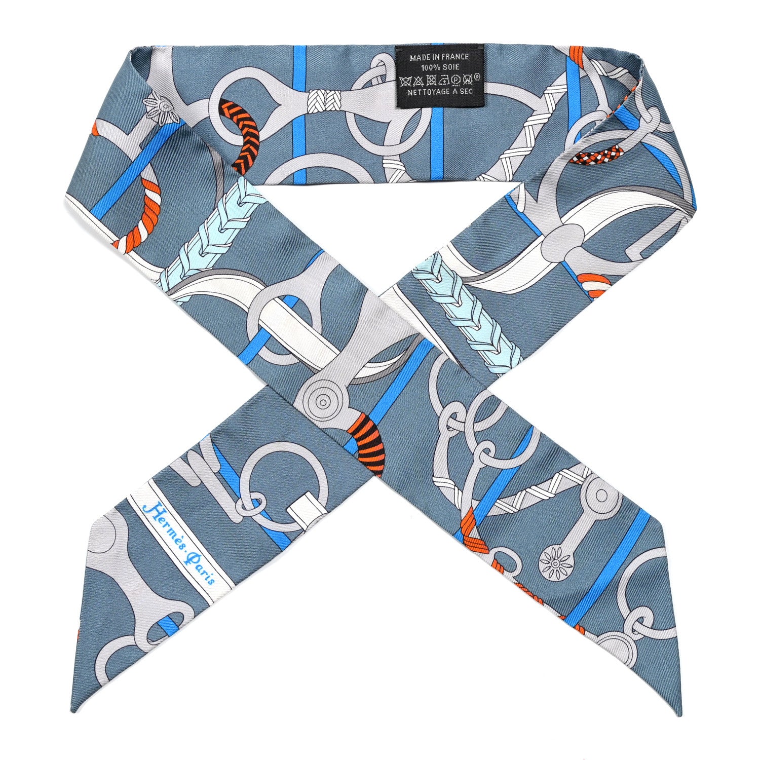 Hermes Silk Panoplie Equestre Twilly Gris Ciel Orange 1 of 5