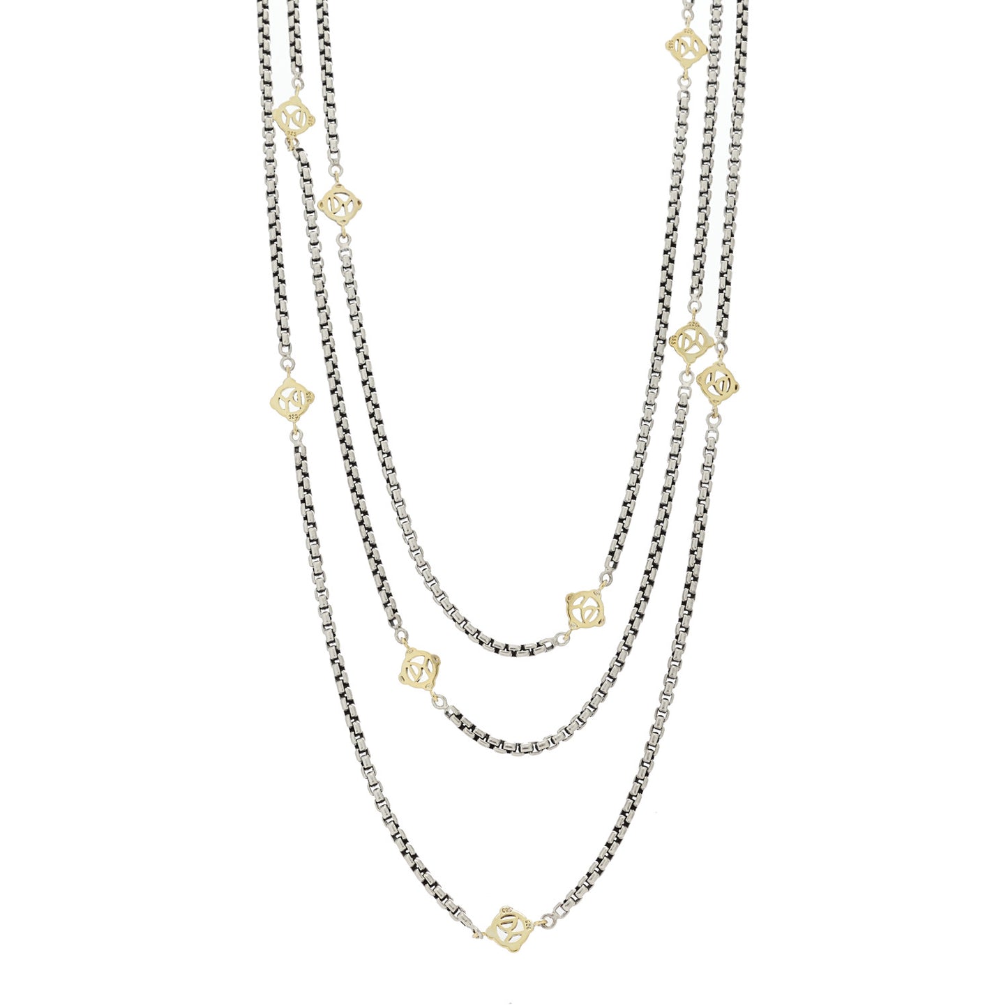 Sterling Silver 14K Yellow Gold Logo Station Necklace 72"