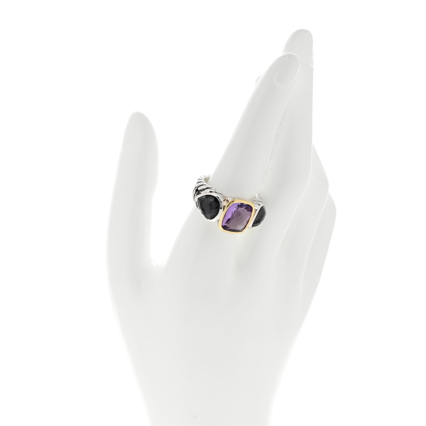 Sterling Silver 18K Yellow Gold Amethyst Black Orchid Three Stone Ring 58 8.25