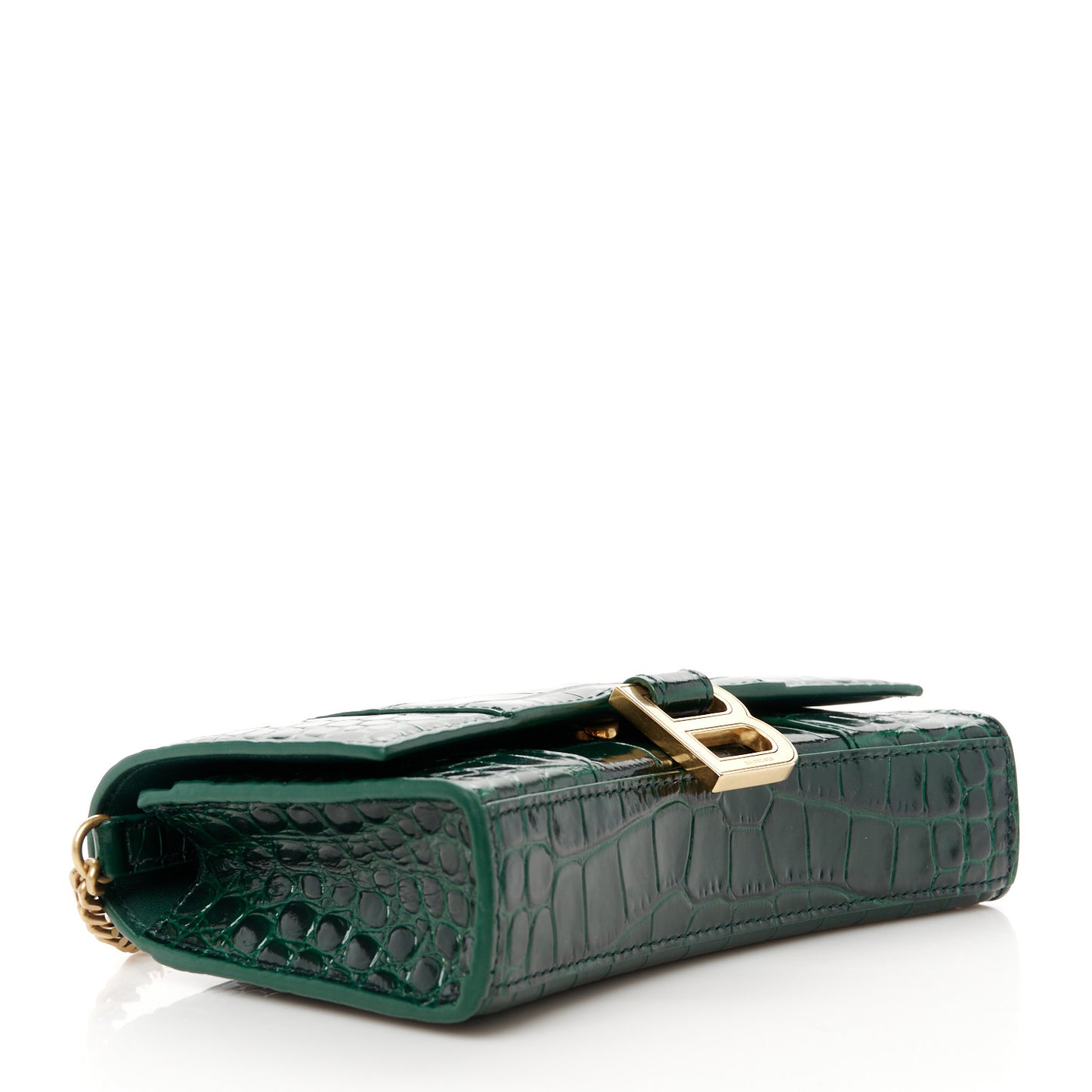 Shiny Calfskin Crocodile Embossed Hourglass Chain Bag Forest Green