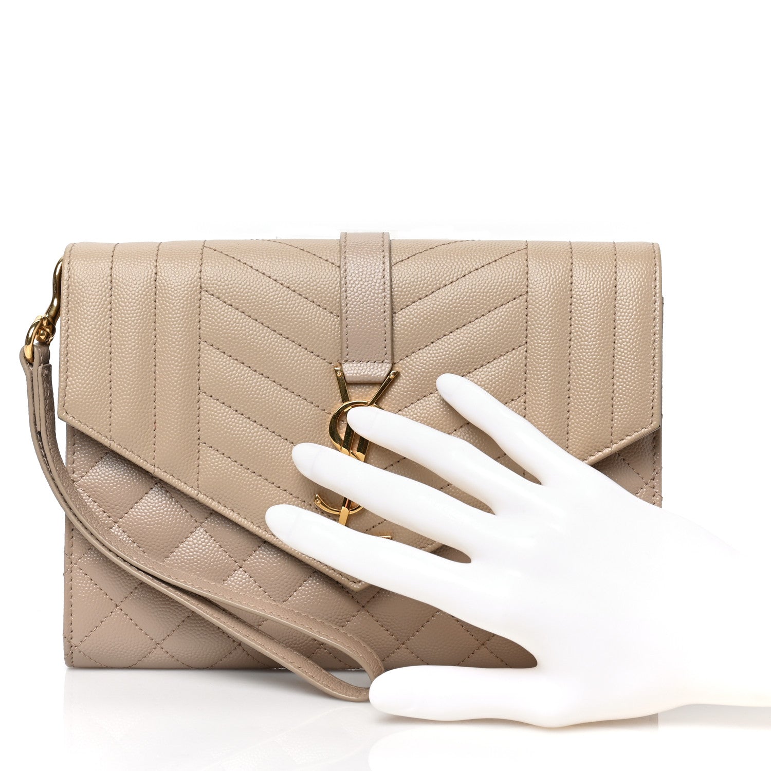 Saint Laurent Grain De Poudre Textured Mixed Matelasse Triquilt Monogram Clutch Dark Beige 2 of 9