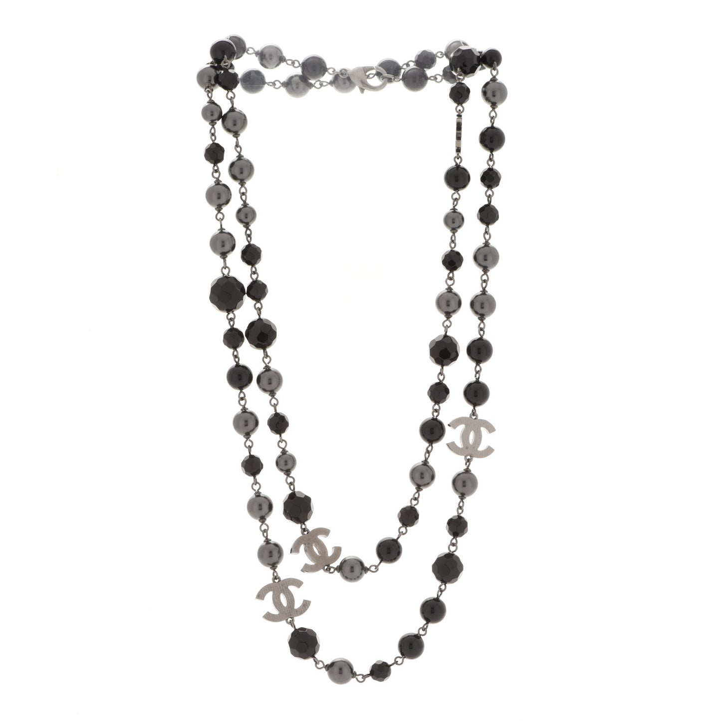 Ruthenium Pearl Beaded CC Long Necklace Black