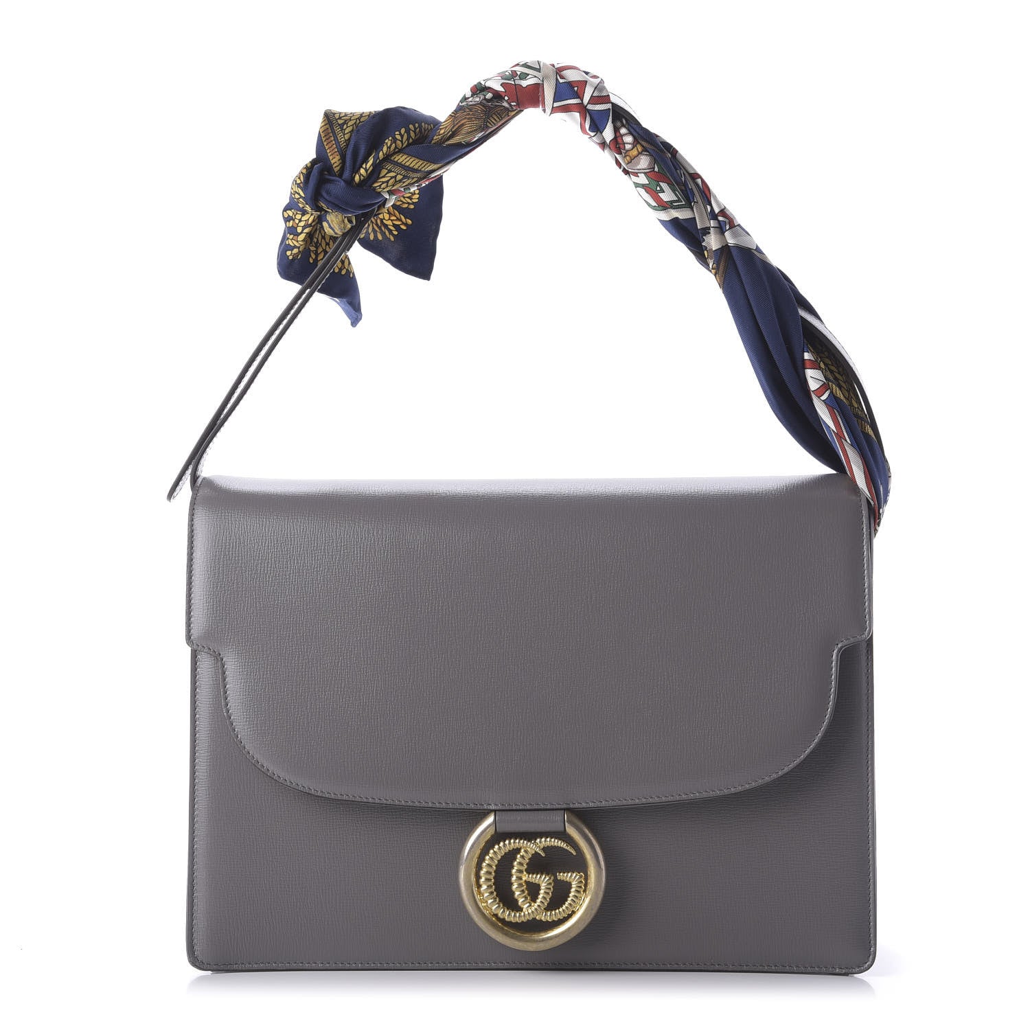 Gucci Textured Calfskin Silk Scarf Medium Torchon GG Ring Shoulder Bag Grey 1 of 9