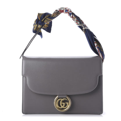 Gucci Textured Calfskin Silk Scarf Medium Torchon GG Ring Shoulder Bag Grey 1 of 9