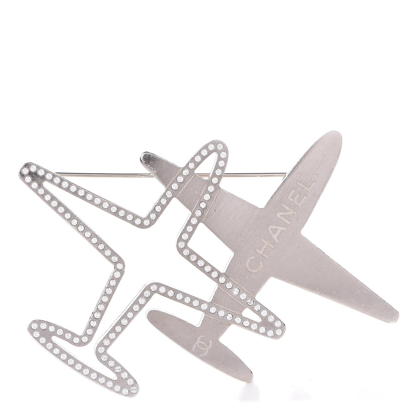 Crystal Metal CC Airplane Brooch Silver