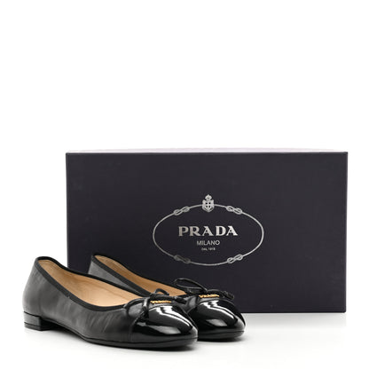 Prada Nappa Vernice Cap Toe Logo Bow Ballerina Flats 35 Black 14 of 14
