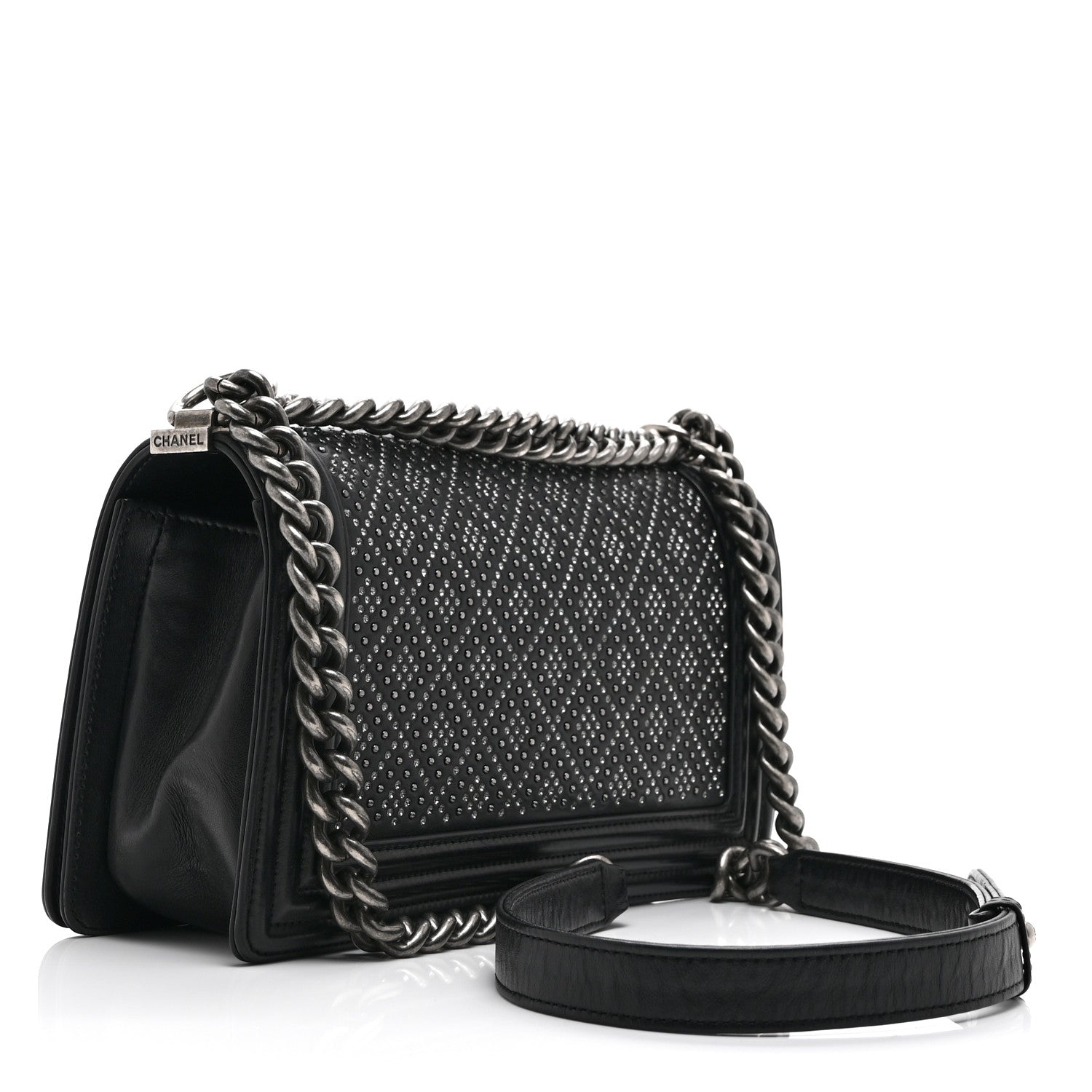 Chanel Calfskin Crystal Studded Quilted Medium Boy Flap  Black 3 of 10