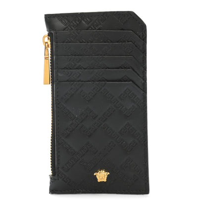 Versace Calfskin Greek Key Embossed Zip Card Holder Black 1 of 6