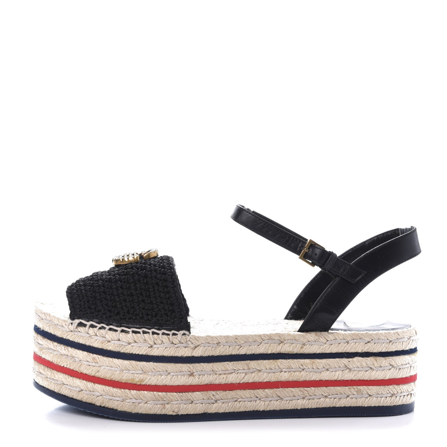 Gucci Cotton Malaga Kid Crochet Pearly GG Lilibeth Espadrille Platform Sandals 38 Black 1 of 10