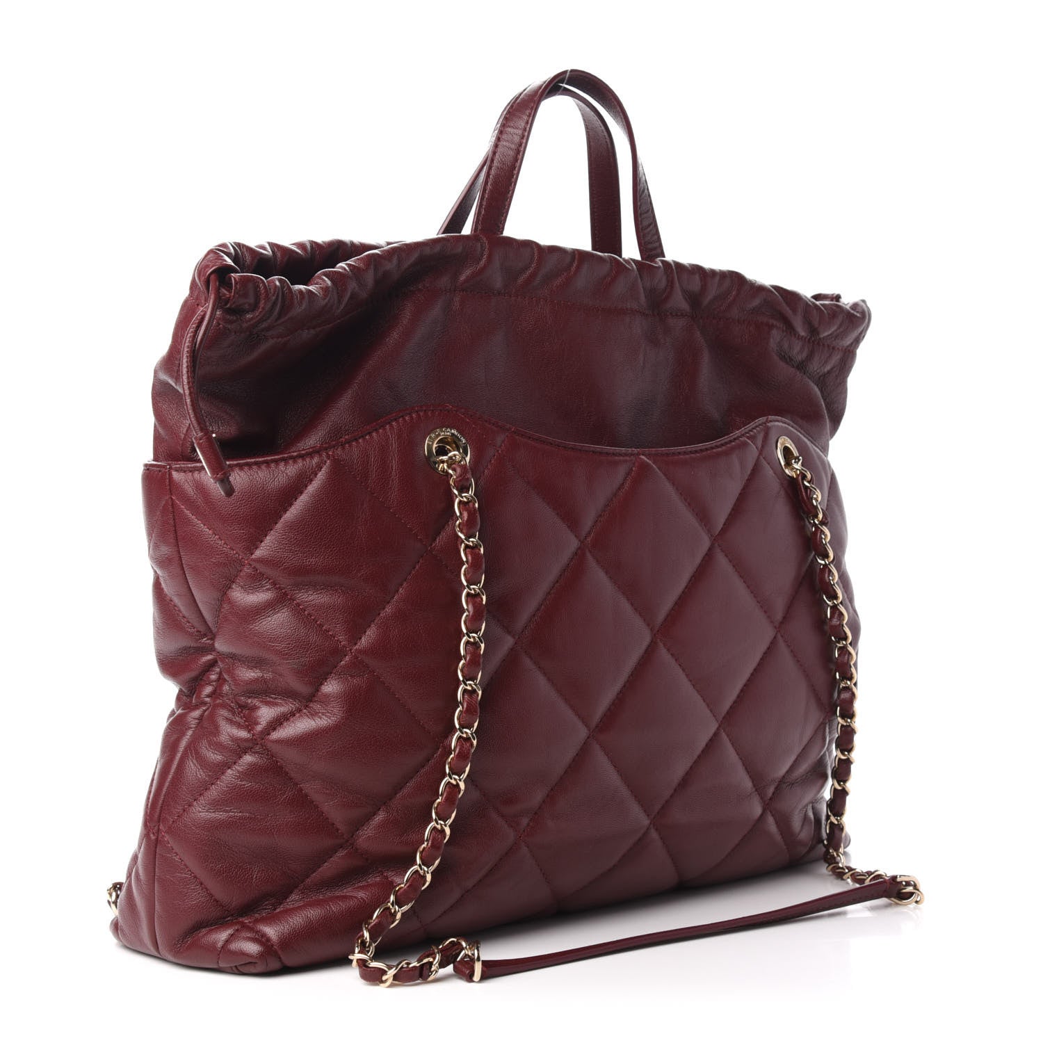 Chanel Lambskin Quilted Drawstring Shopping Bag Red 4 of 10