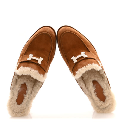 Hermes Suede Goatskin Woolskin Flore 60 Mules 38.5 Brun Amourette Ecru 2 of 10