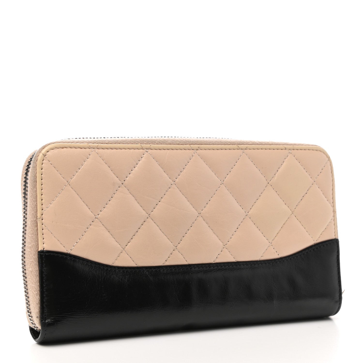 Chanel Aged Calfskin Quilted Large Gabrielle Zip Around Wallet Beige Black 3 of 8