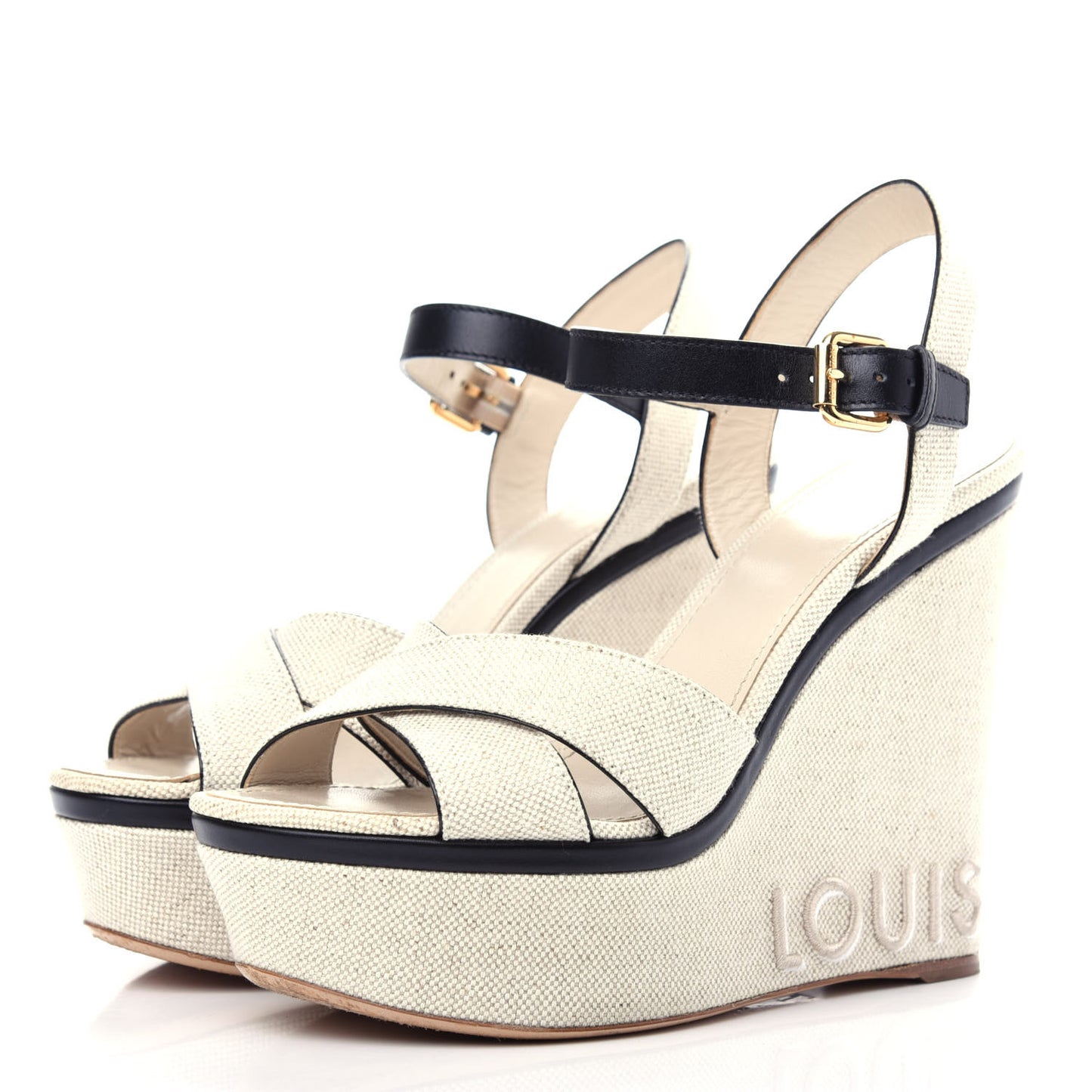 Canvas Calfskin Postcard Wedge Sandals 39 Ecru