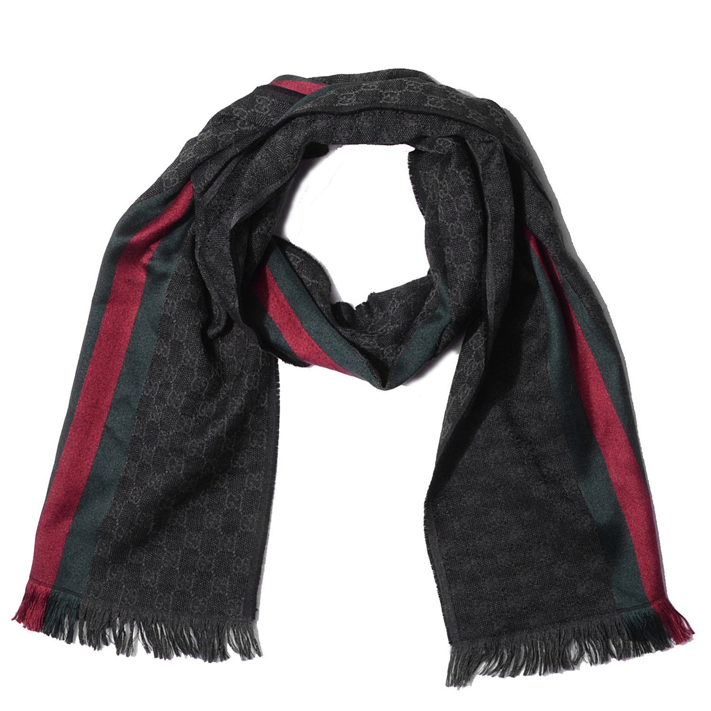 Wool Silk GG Monogram Web Verbier Fringe Scarf Black