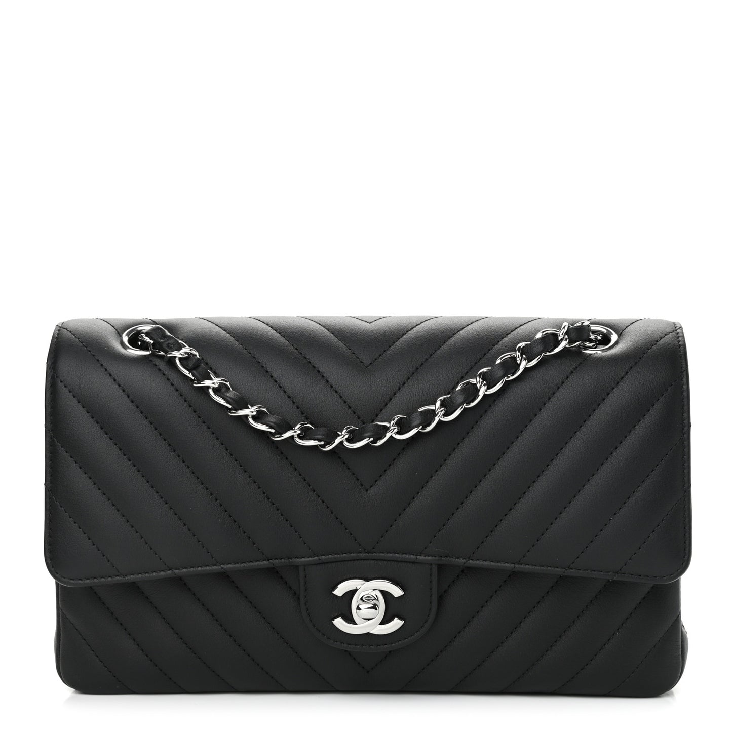 Calfskin Chevron Quilted Medium Double Flap Black