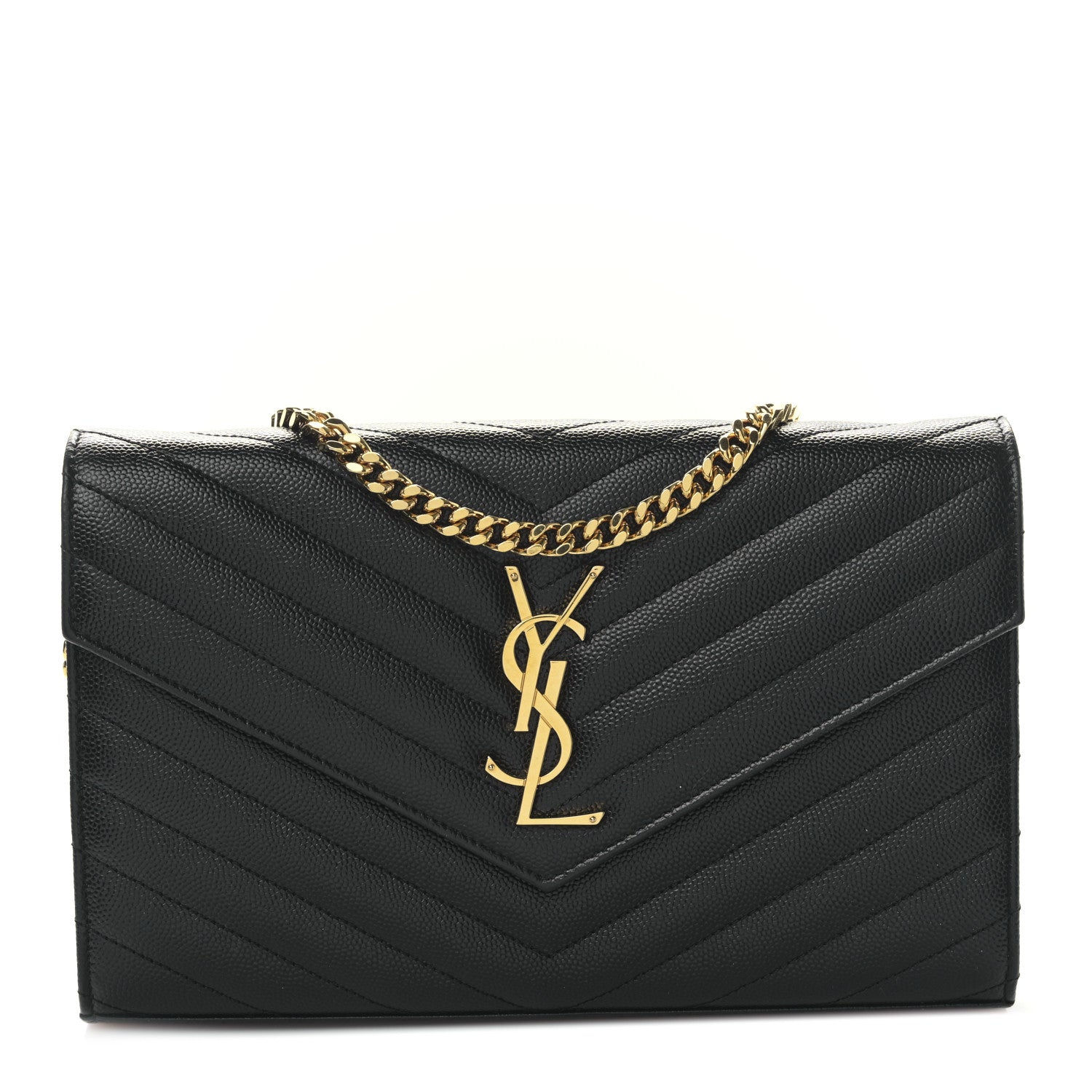 Saint Laurent Grain De Poudre Matelasse Chevron Monogram Envelope Chain Wallet Black 1 of 9