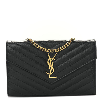 Saint Laurent Grain De Poudre Matelasse Chevron Monogram Envelope Chain Wallet Black 1 of 9